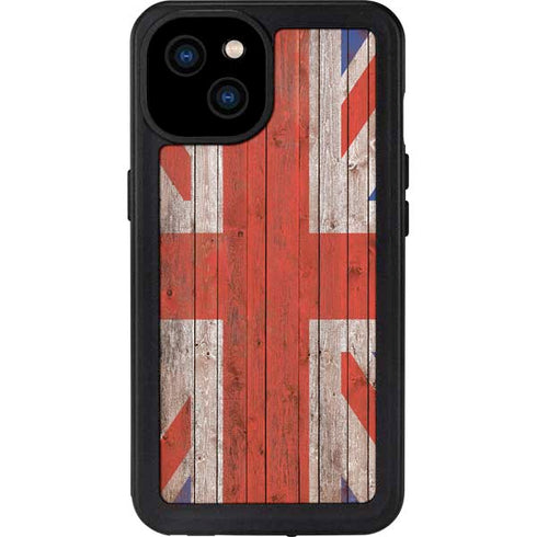 United Kingdom Flag Dark Wood iPhone 15 Plus Waterproof Case