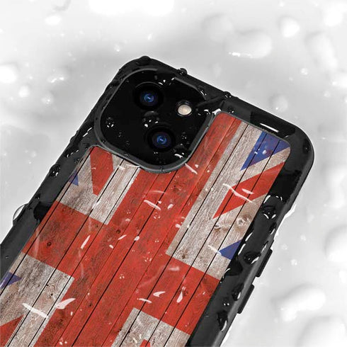 United Kingdom Flag Dark Wood iPhone 15 Waterproof Case