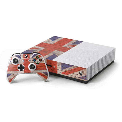 United Kingdom Flag Dark Wood Xbox One S Console and Controller Bundle Skin