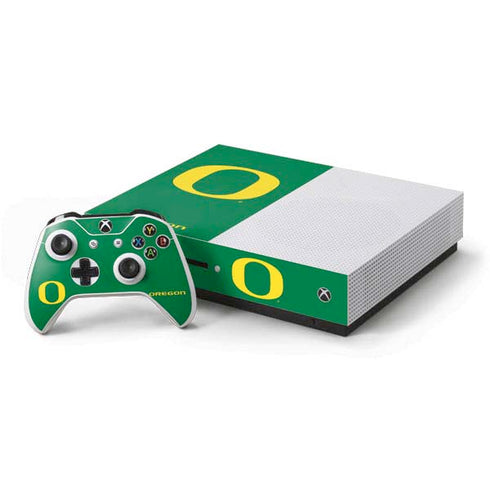 University of Oregon Yellow O on Green Xbox One S Console and Controller Bundle Skin