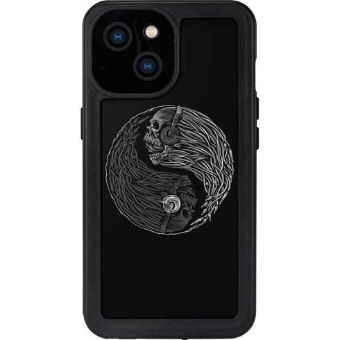 Liquid Blue Yin Yang Music Skulls iPhone 15 Waterproof Case