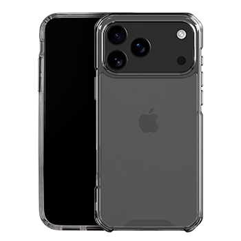 A clear protective phone case shown on a dark gray smartphone, with the back of the phone visible through the transparent case against a plain white background.