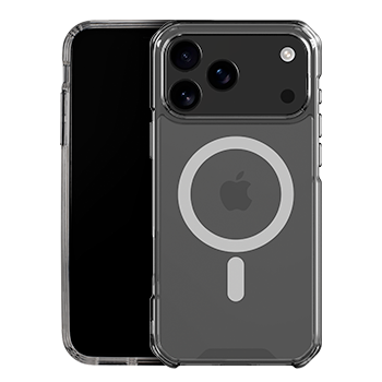 A clear protective phone case shown on a dark gray smartphone, with the case featuring a circular MagSafe-style ring and a vertical white accent on the back.