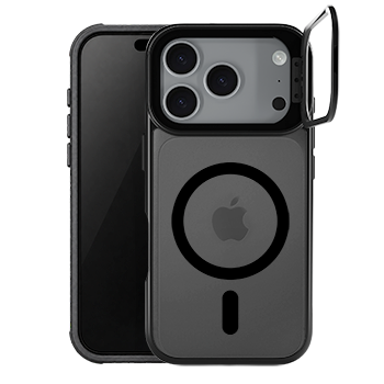 A black protective phone case with a built-in magnetic ring and a small attached metal tool, shown on a smartphone against a plain white background.
