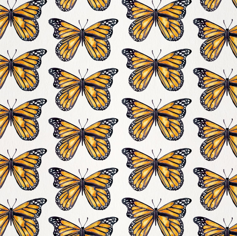 A repeating pattern of orange and black monarch butterflies on a white background.