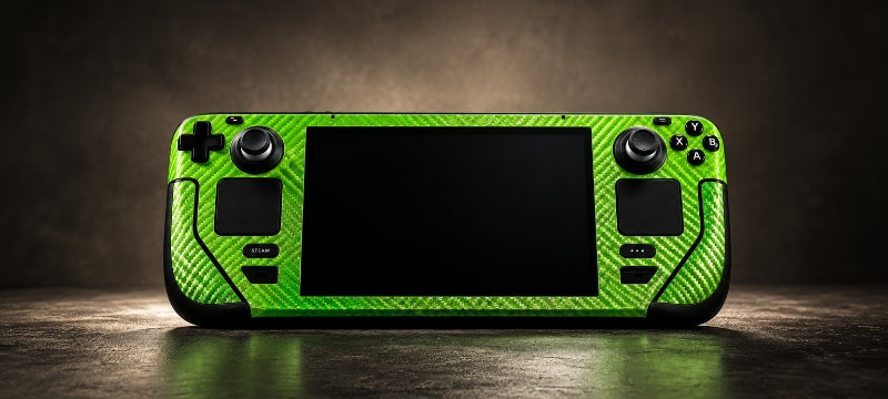 Steam Deck with a green carbon fiber skin