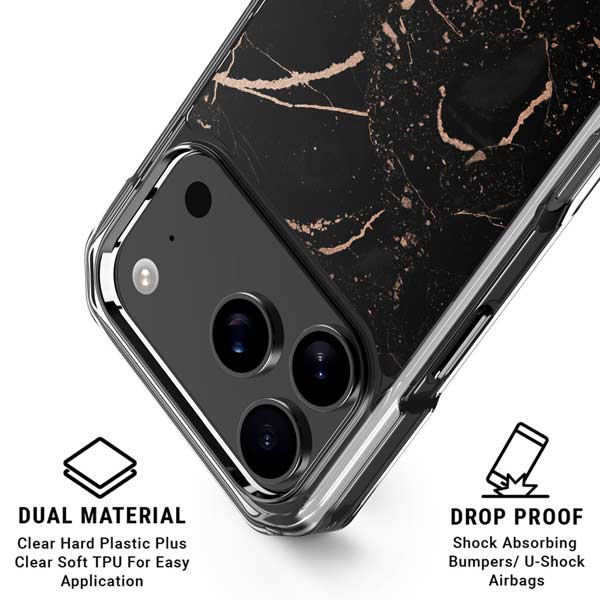 Black and Rose Gold Marble Split iPhone 17 Pro Clear Case
