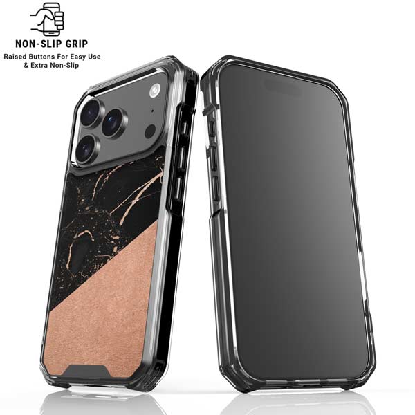 Black and Rose Gold Marble Split iPhone 17 Pro Clear Case