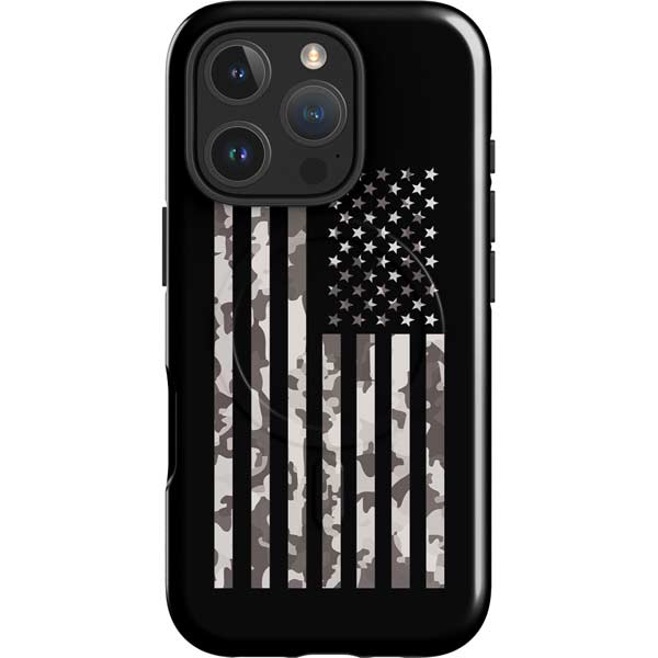 Black and White Camo American Flag iPhone 16 Pro Max Magsafe Impact Case