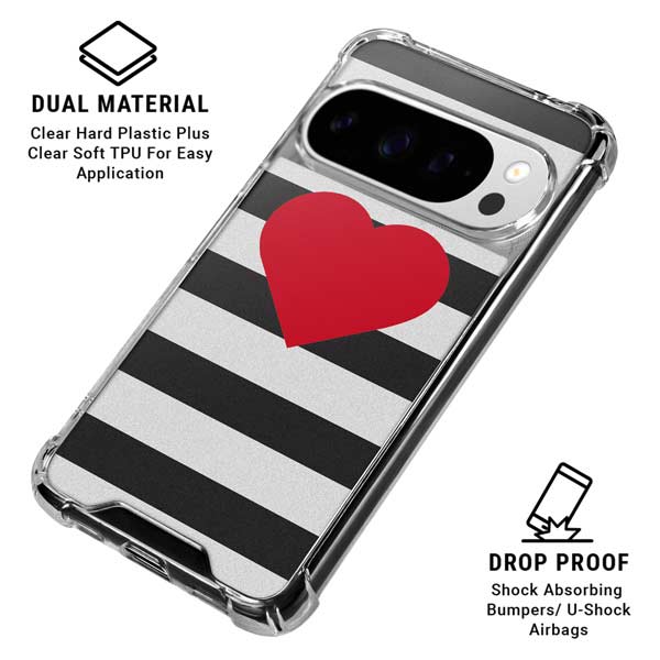 Black And White Striped Heart Google Pixel 10 Pro Clear Case