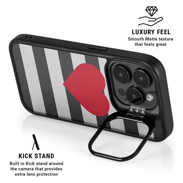 Black And White Striped Heart iPhone 14 Pro Max Kickstand Case