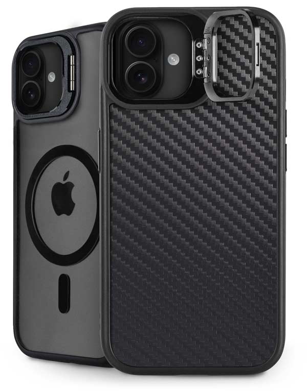 Black Carbon Fiber Specialty Texture Material iPhone 16 Plus Kickstand Case