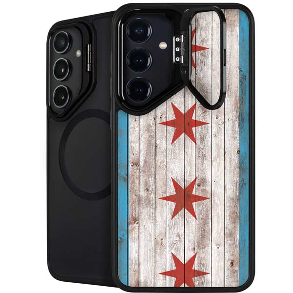 Chicago Flag Dark Wood Galaxy S26 Kickstand Case