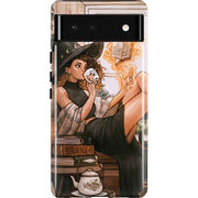 Cozy Autumn Library Witch with Cat and Coffee by Ivy Dolamore Pixel Cases