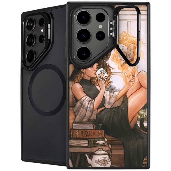Cozy Autumn Library Witch with Cat and Coffee by Ivy Dolamore Galaxy Cases