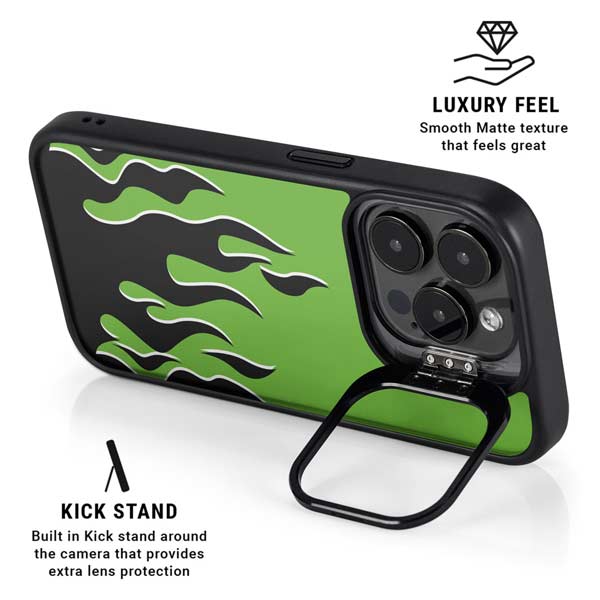 Green Flames iPhone 14 Pro Kickstand Case