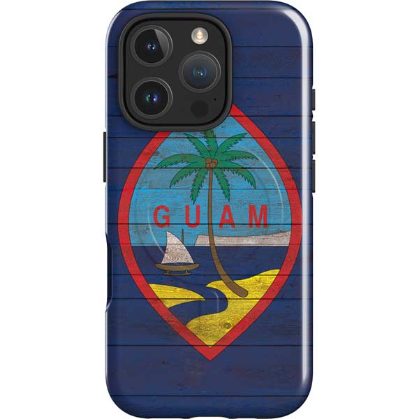 Guam Flag Dark Wood iPhone 16 Pro Magsafe Impact Case