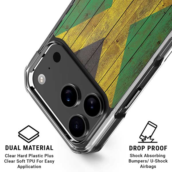 Jamaican Flag Dark Wood iPhone 17 Pro Clear Case