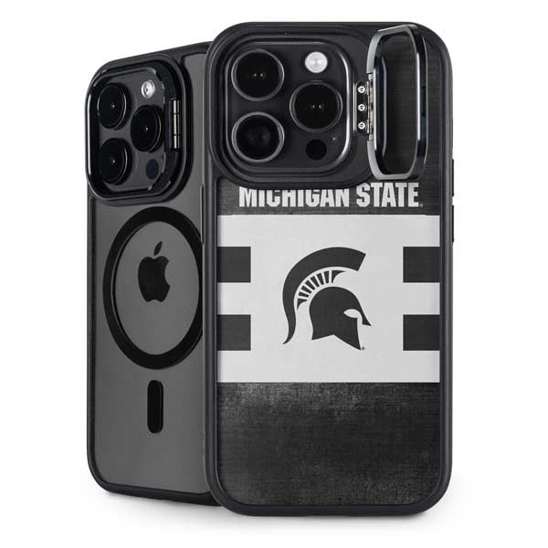 Michigan State University Black and White Stripes iPhone 14 Pro Kickstand Case