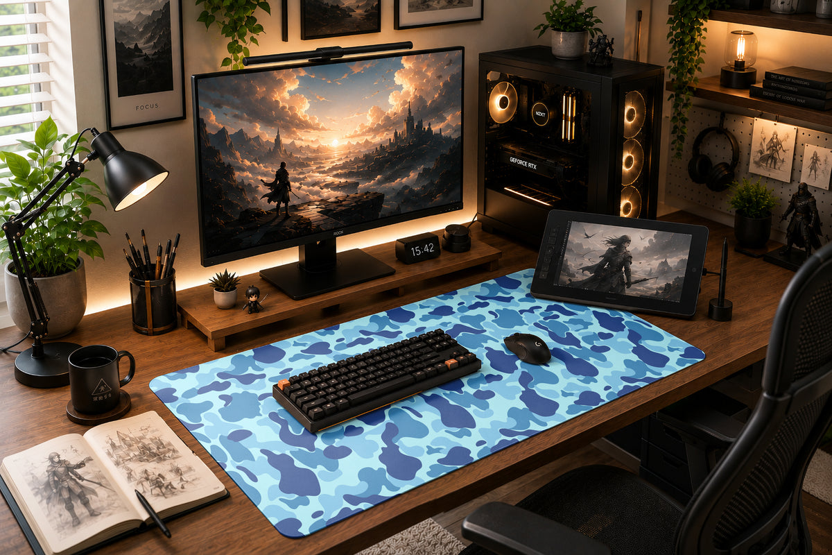 A home office desk with monitor, keyboard and a custom mousepad