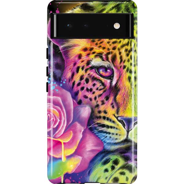Neon Rainbow Cheetah with Rose by Sheena Pike Pixel Cases