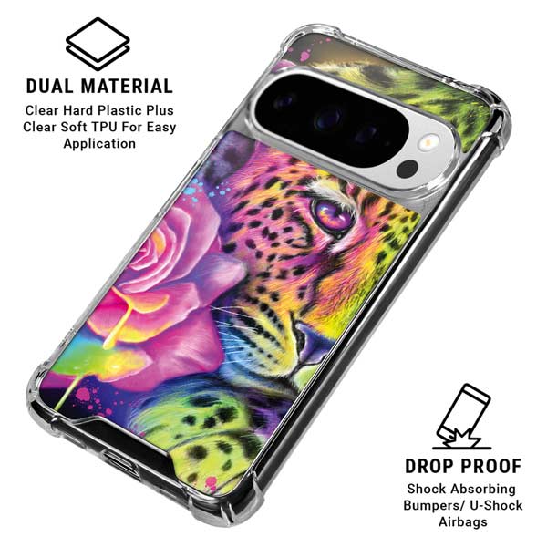 Neon Rainbow Cheetah with Rose by Sheena Pike Google Pixel 10 Pro XL Clear Case