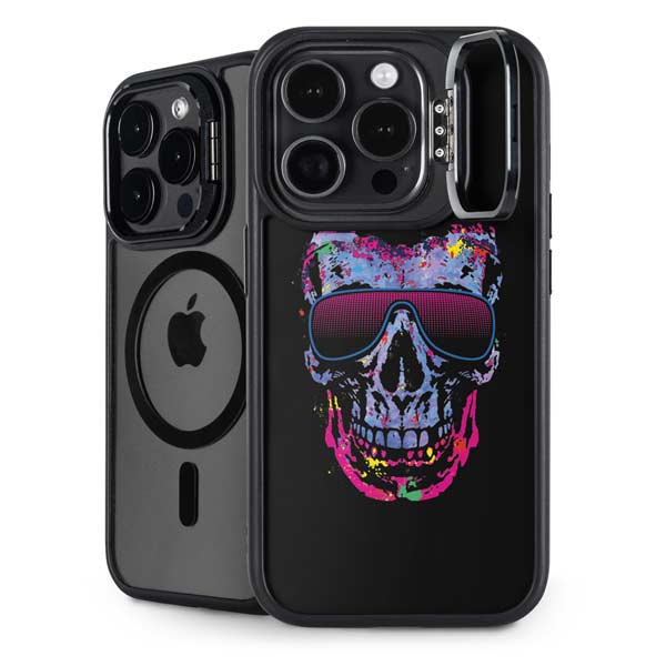 Liquid Blue Neon Skull with Glasses iPhone 14 Pro Kickstand Case