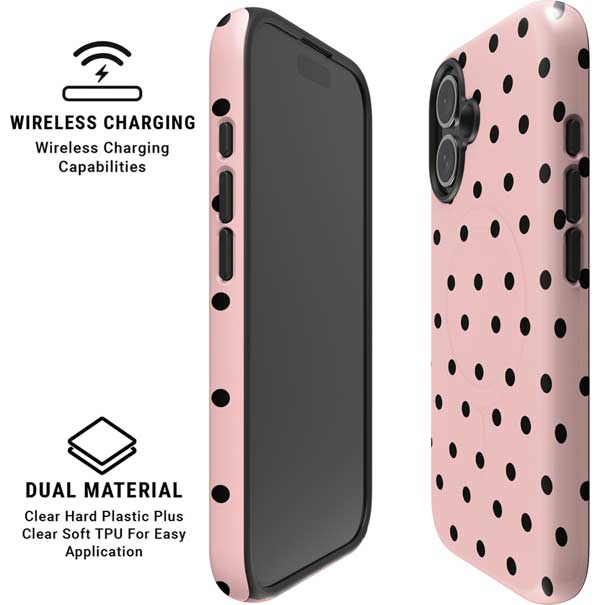 Pink and Black Polka Dots iPhone 16 Plus Magsafe Impact Case