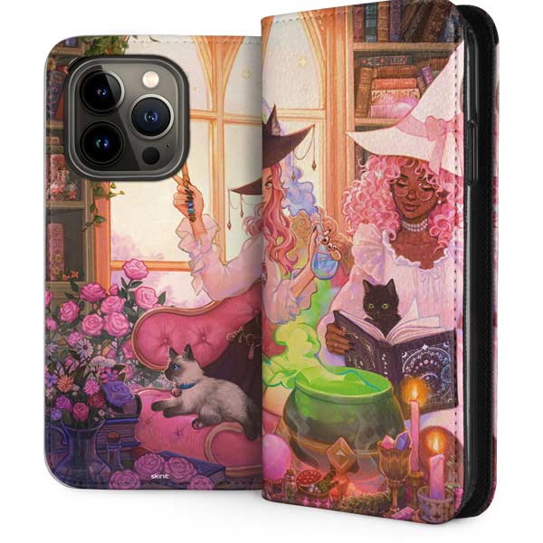 Pink Anime Witch Girls in Library with Cats iPhone 13 Pro Folio Case ...