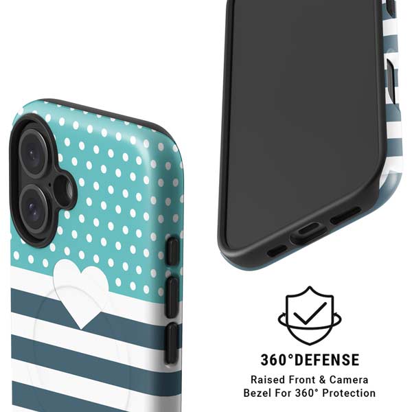 Polka Dots and Stripes Heart in Blue iPhone 16 Magsafe Impact Case