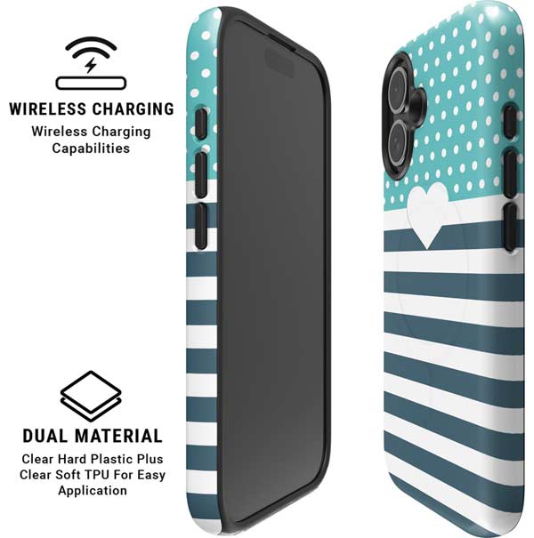 Polka Dots and Stripes Heart in Blue iPhone 16 Magsafe Impact Case