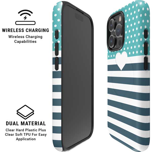 Polka Dots and Stripes Heart in Blue iPhone 16 Pro Magsafe Impact Case
