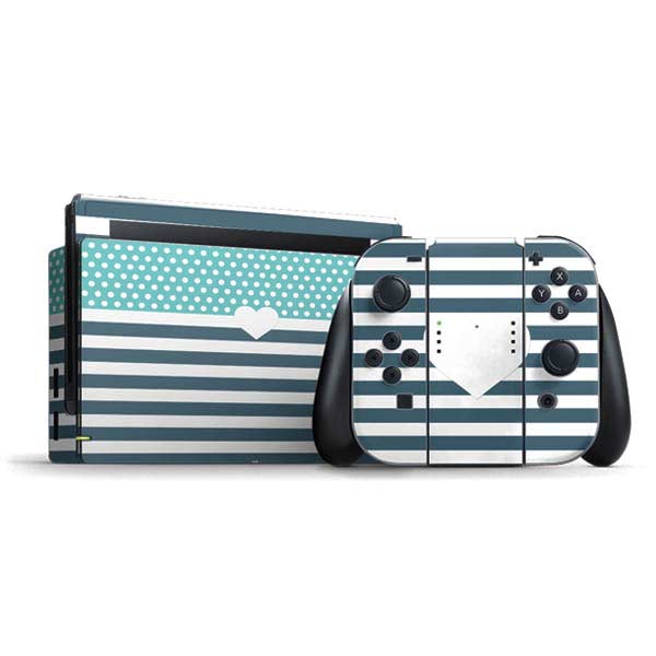 Polka Dots and Stripes Heart in Blue Nintendo Skins