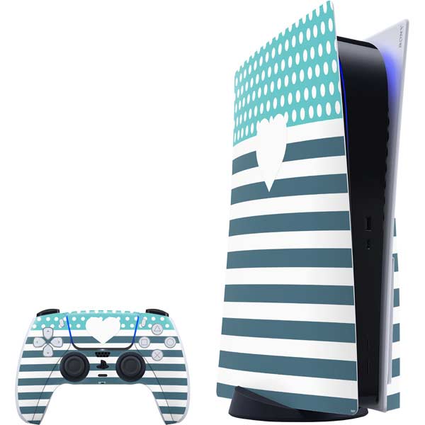 Polka Dots and Stripes Heart in Blue PlayStation PS5 Skins