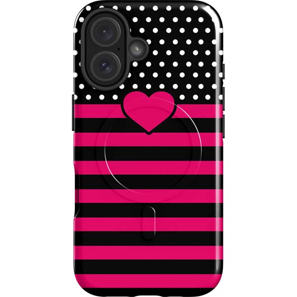 Polka Dots and Stripes Heart in Pink iPhone 16 Magsafe Impact Case