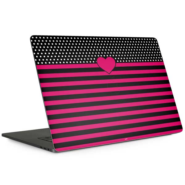Polka Dots and Stripes Heart in Pink MacBook Skins