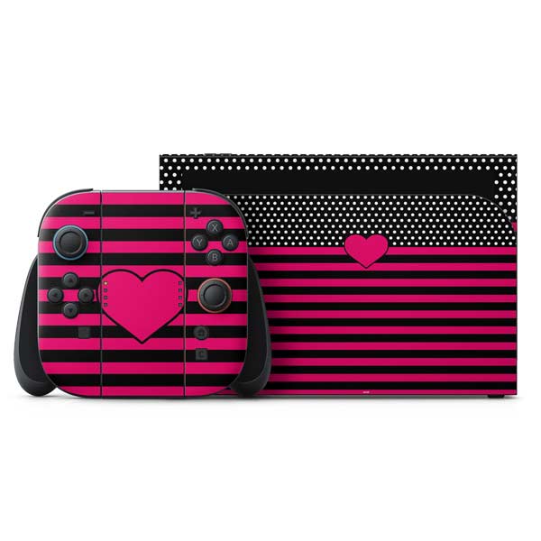Polka Dots and Stripes Heart in Pink Nintendo Skins