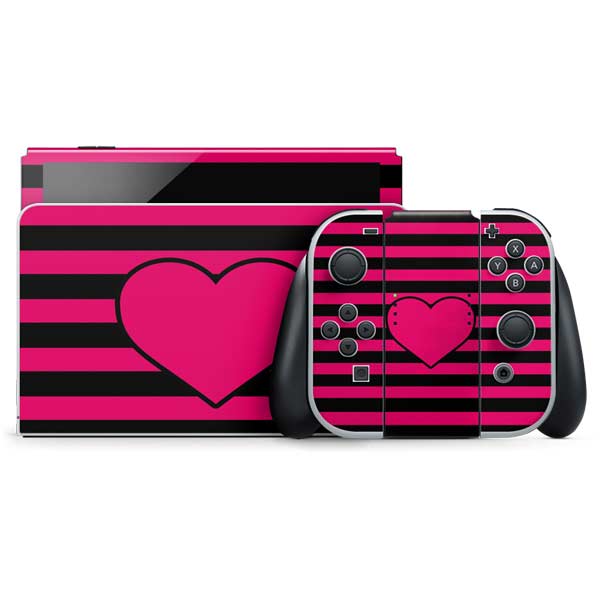 Polka Dots and Stripes Heart in Pink Nintendo Skins
