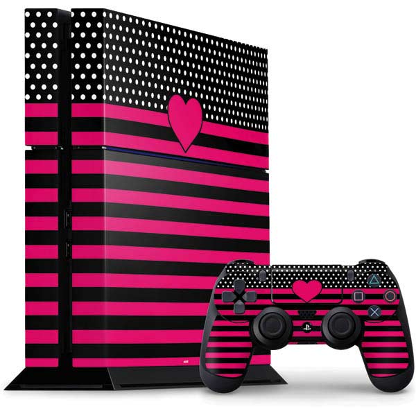 Polka Dots and Stripes Heart in Pink PlayStation PS4 Skins