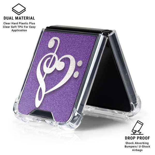 Purple Glitter Musical Heart Galaxy Z Flip7 Clear Case