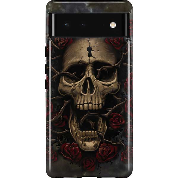 Liquid Blue Skull Entwined with Roses Pixel Cases