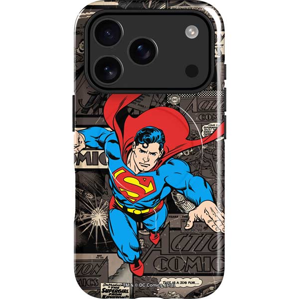 DC Comics Superman Vintage Action pose pattern iPhone 17 Pro Max Magsafe Impact Case