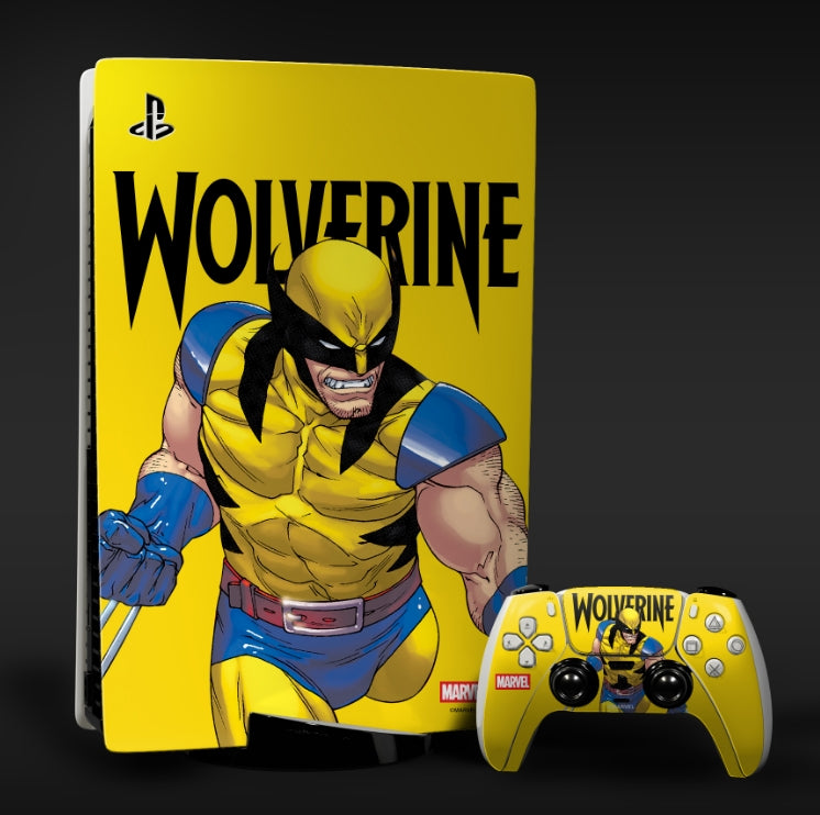 A PlayStation 5 console and matching controller both decorated with a bright yellow Wolverine skin design, shown against a dark gradient background. The skin features a large illustration of Wolverine in his classic yellow and blue costume with black details, the word 'WOLVERINE' in bold black letters, and a small Marvel logo near the bottom.