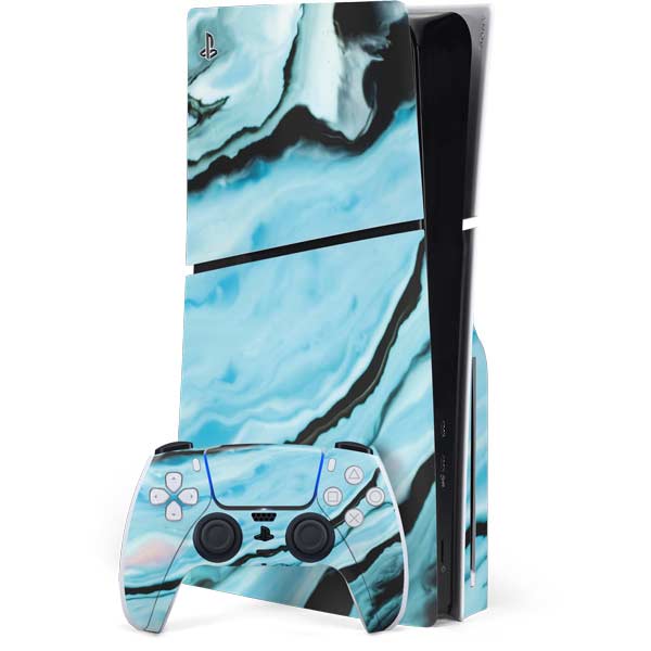 Aqua Blue Marble Ink PS5 Slim Disk Bundle Skin
