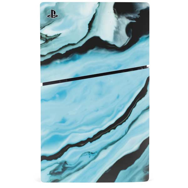 Aqua Blue Marble Ink PS5 Slim Disk Bundle Skin