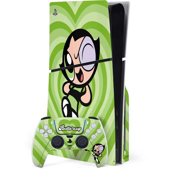 Cartoon Network Powerpuff Girls Buttercup Green Hearts PS5 Slim Disk Bundle Skin