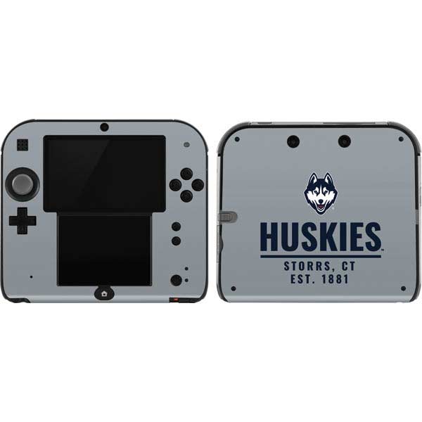 Nintendo 2DS skin with blue Huskies logo and HUSKIES STORRS CT EST 1881 text