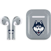 Gray AirPods case skin with blue husky mascot logo and white cutout areas