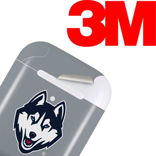 Gray AirPods skin close-up with blue husky mascot logo and white alignment lines