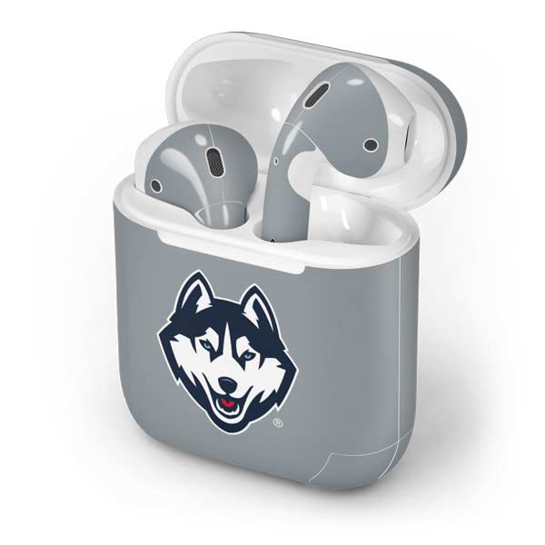 Gray AirPods charging case skin with blue husky mascot logo on front